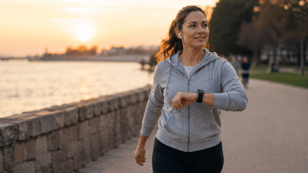 Persona che cammina durante allenamento leggero controllando smartwatch