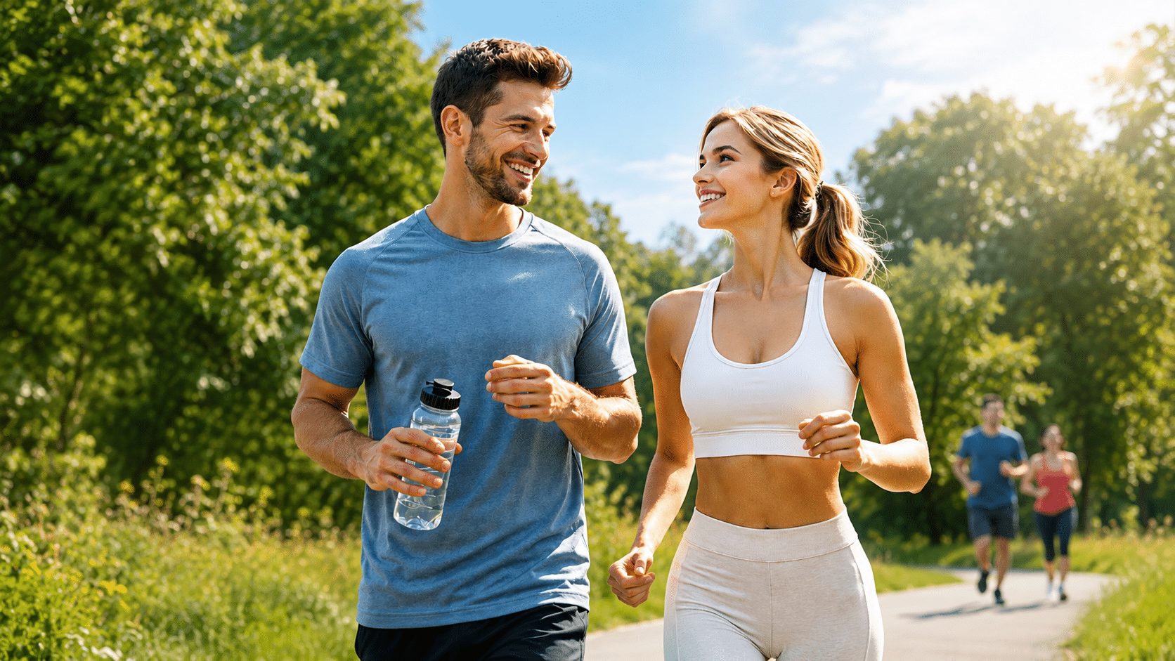 Uomo e donna che fanno jogging all’aperto in un parco durante una giornata luminosa