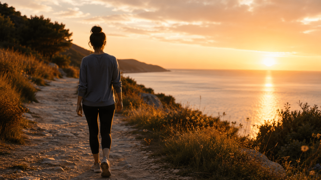 Persona che cammina al tramonto in un momento di relax e benessere