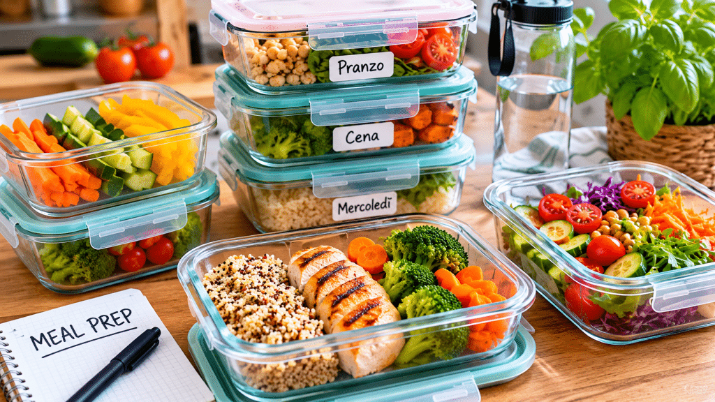Contenitori per meal prep con pasti sani preparati in anticipo e organizzati su tavolo da cucina