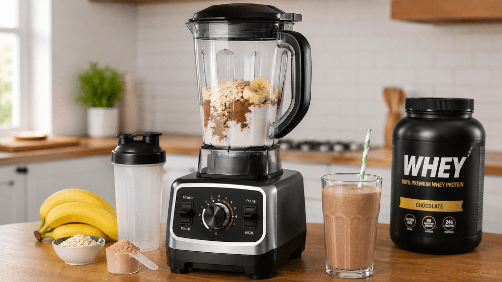 Frullatore per smoothie proteici con frutta fresca e ingredienti per alimentazione sportiva