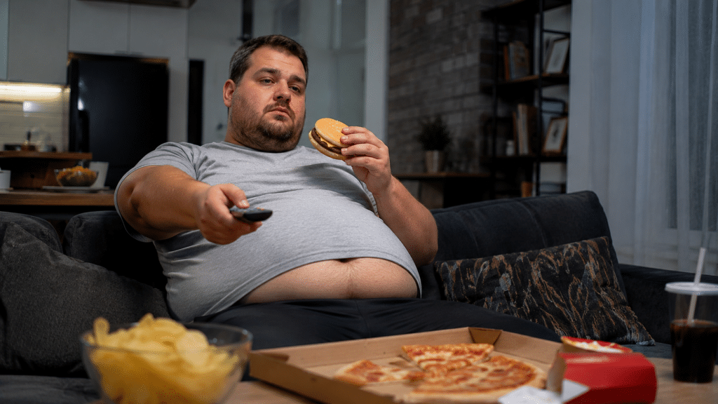 Grasso addominale causato da vita sedentaria e consumo di junk food