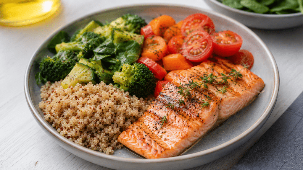 Piatto sano equilibrato con salmone, cereali integrali e verdure fresche