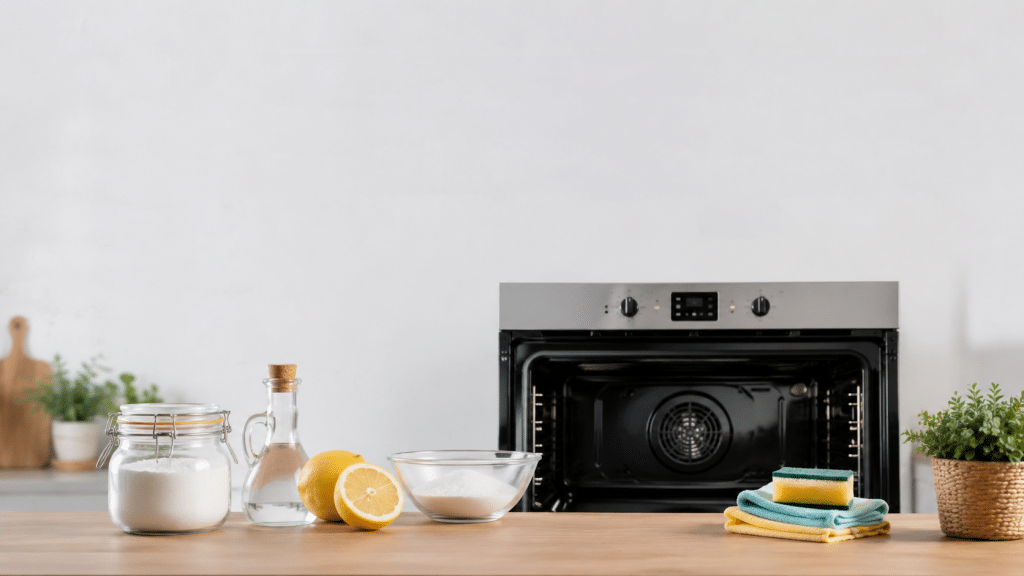 Clean oven with natural ingredients like lemon, baking soda, and vinegar in a bright modern kitchen.