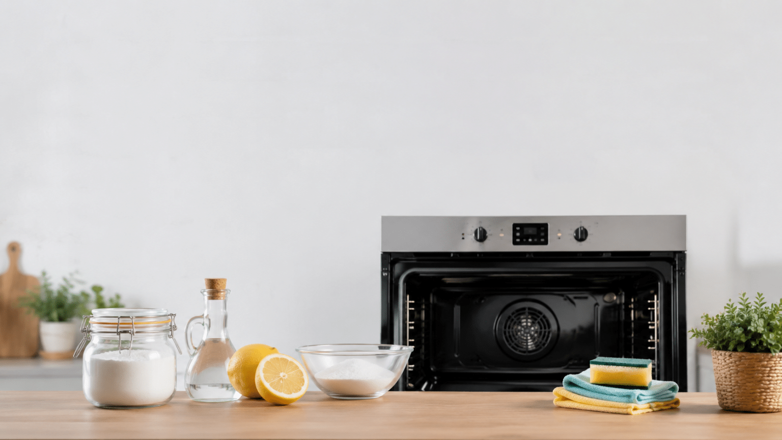 Forno pulito con ingredienti naturali come limone, bicarbonato e aceto in cucina moderna luminosa