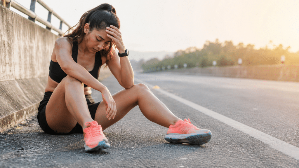 Persona stanca dopo allenamento con scarpe sportive inadatte