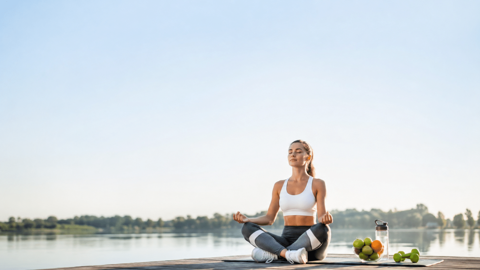 Donna che medita all’aperto con alimenti sani e attrezzatura fitness per uno stile di vita sano
