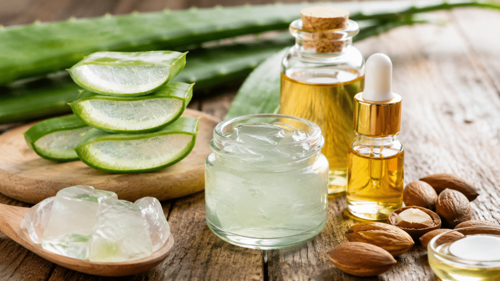 Foglia di aloe vera e oli naturali utilizzati per idratare la pelle secca