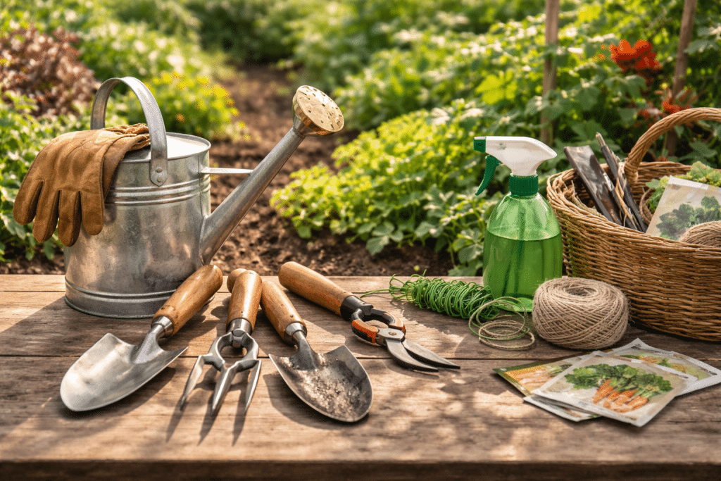 Attrezzi da giardino disposti su terreno di orto con annaffiatoio, pala, rastrello e forbici da potatura