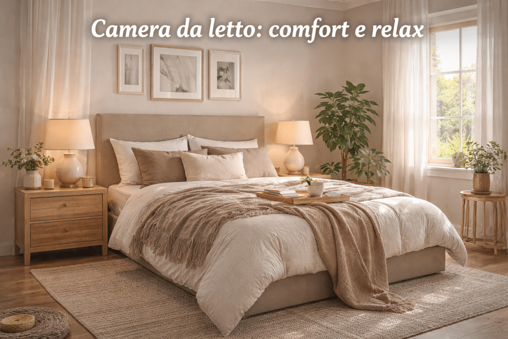 Cozy and relaxing bedroom with comfortable bed, soft lighting and harmonious decor.