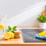 Limpieza natural de la cocina con limón, bicarbonato de sodio y un paño de microfibra sobre una encimera moderna.