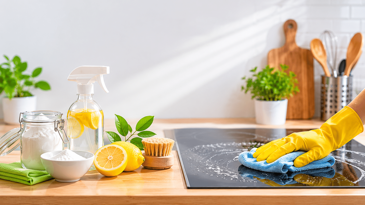 Natural kitchen cleaning with lemon, baking soda and a microfiber cloth on a modern worktop