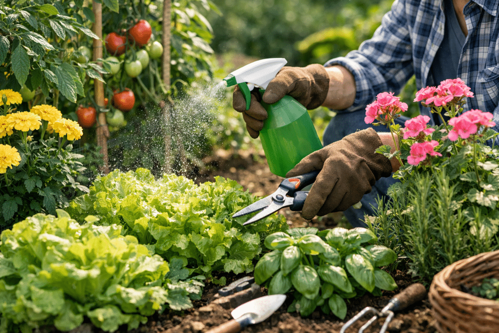 Hands of a gardener spraying water and pruning plants in a garden lush with vegetables and flowers