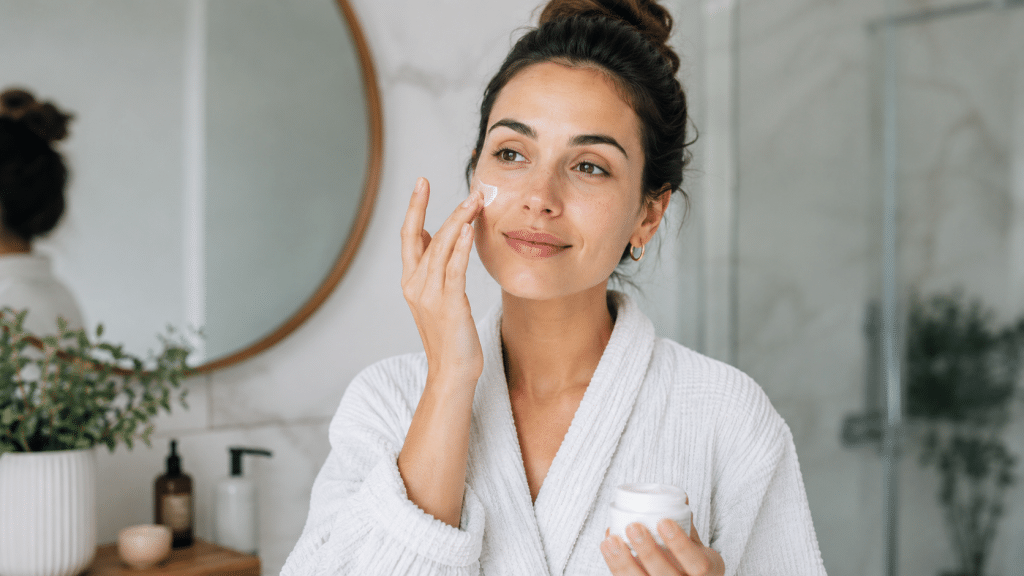 Donna che applica crema viso in un bagno moderno illuminato da luce naturale