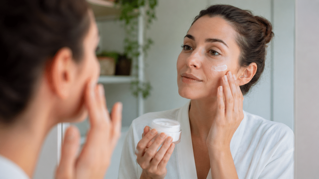 Donna che applica una crema viso nutriente davanti allo specchio durante la skincare quotidiana