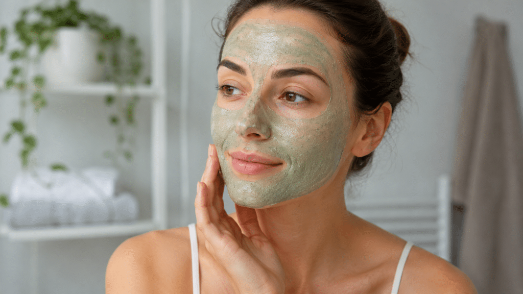 Donna con maschera viso naturale durante trattamento skincare per pelle impura
