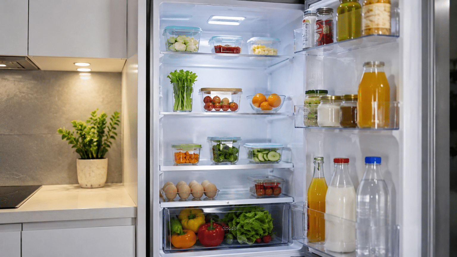 Clean and tidy refrigerator with fresh food arranged in an organized fashion