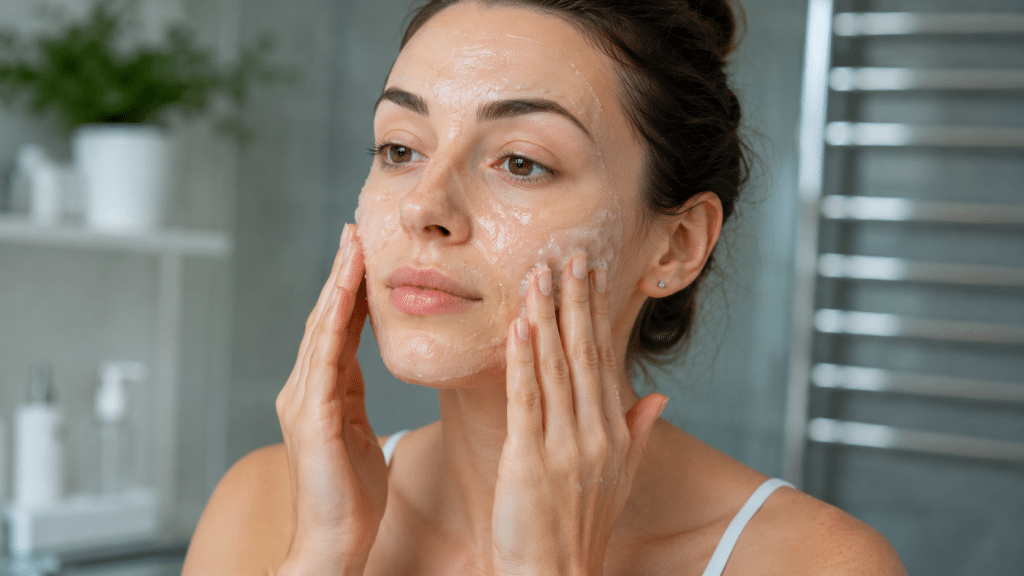 Gel detergente applicato sul viso durante la routine di pulizia della pelle grassa
