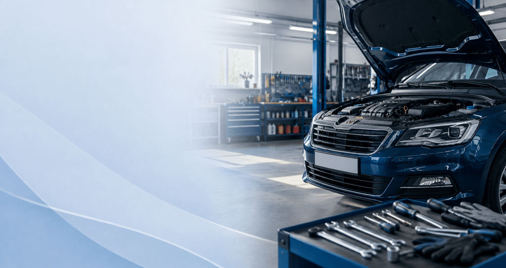 Car with open hood in a modern workshop with work tools, image from the Cars and Motorcycles category of Consutil.