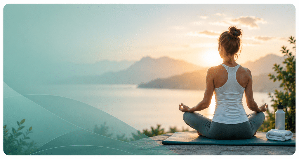 Una mujer practicando meditación al amanecer en un paisaje natural, símbolo de bienestar, equilibrio y un estilo de vida saludable.
