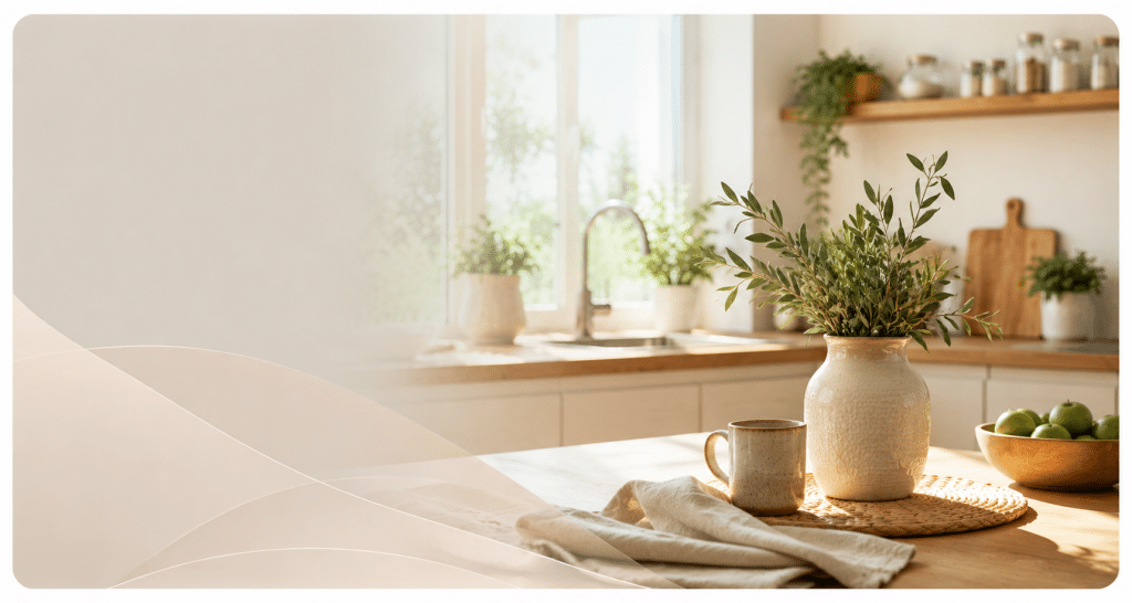 Cucina moderna luminosa con tavolo in legno, piante e luce naturale per la categoria Casa e Cucina di Consutil.