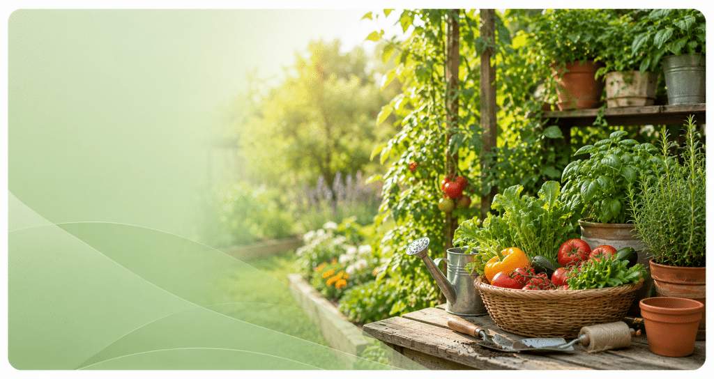 Orto rigoglioso con pomodori, basilico, verdure fresche e attrezzi da giardinaggio in un giardino illuminato dalla luce naturale.