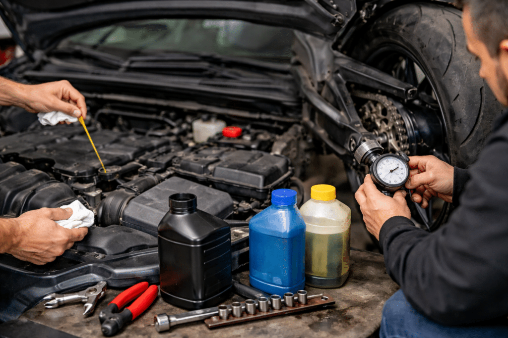 Mechanic checks oil, tires and brakes on cars and motorcycles in workshop