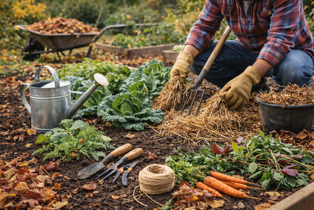 Person to care for vegetable garden and garden during the change of season with pruning, watering and cleaning of flower beds