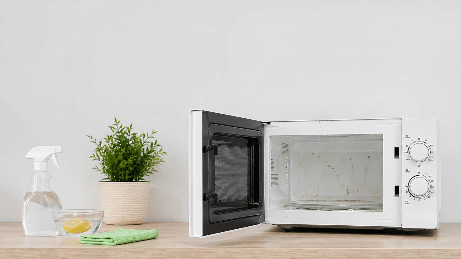 Open dirty microwave with lemon, cloth and natural detergent for quick and natural cleaning