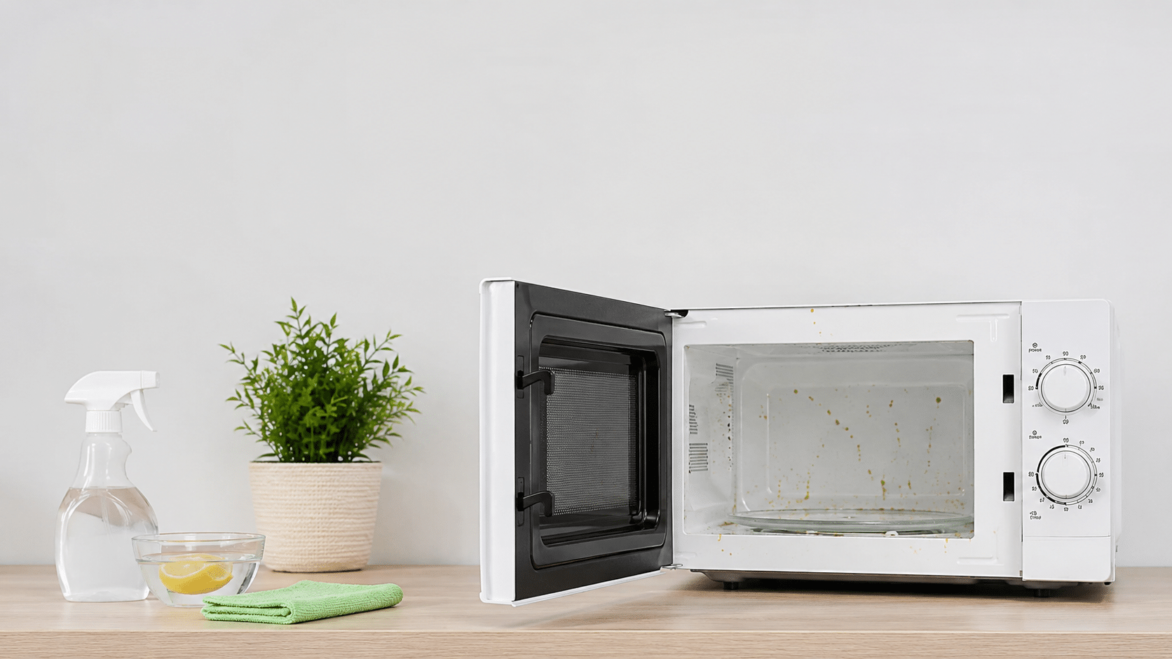 Abre el microondas sucio con limón, un paño y detergente natural para una limpieza rápida y natural.