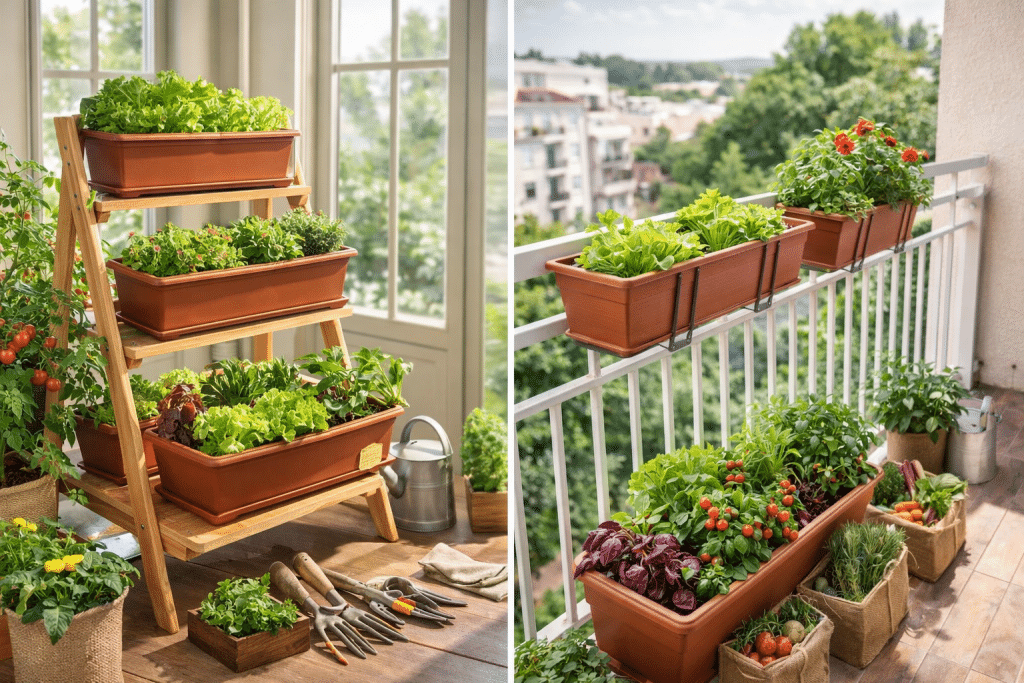 Orto su balcone con vasi e cassette coltivate a erbe aromatiche e verdure in uno spazio domestico luminoso