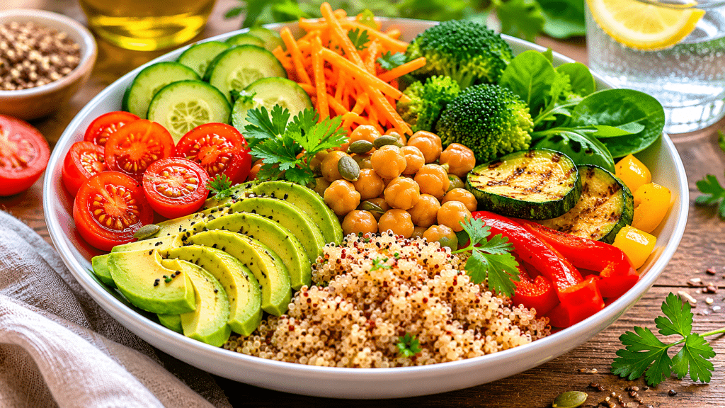Piatto sano con verdure fresche e cereali integrali per un'alimentazione equilibrata