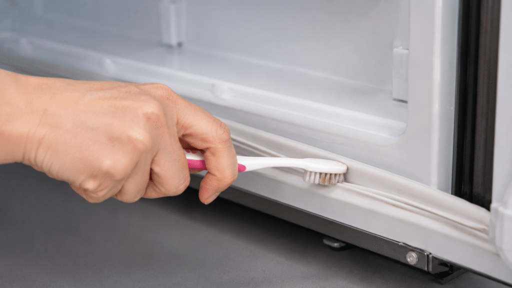 Cleaning refrigerator gaskets with a toothbrush to remove dirt and mold