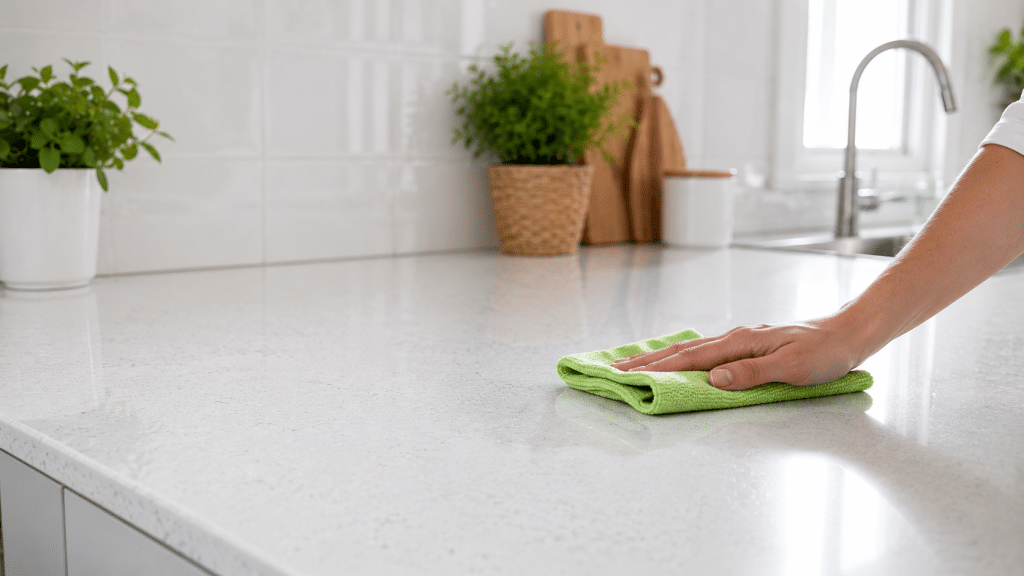 Cleaning the kitchen counter with a microfibre cloth on a modern and shiny surface