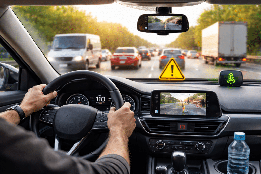 Careful driver behind the wheel with seat belt on the road