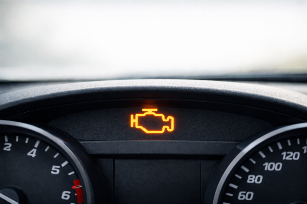 Spia motore accesa (check engine) sul cruscotto di un’auto moderna