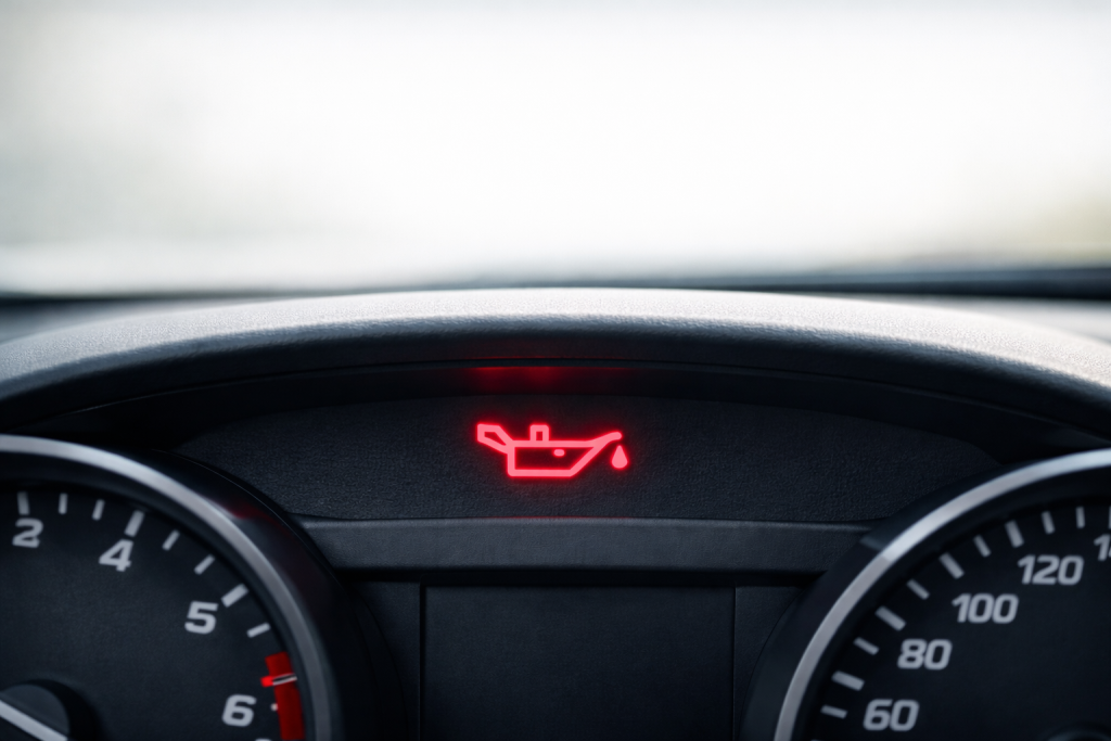 Spia olio motore rossa accesa sul cruscotto di un’auto moderna