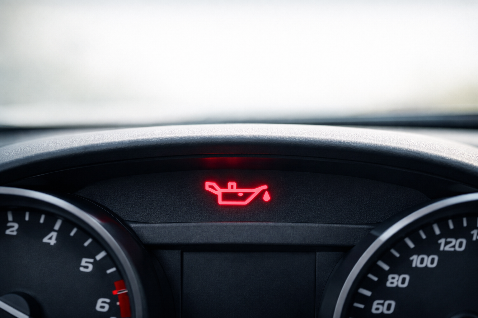 Spia olio motore rossa accesa sul cruscotto di un’auto moderna