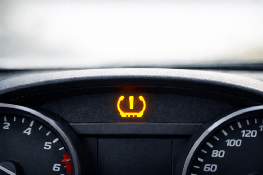 Spia pressione pneumatici accesa sul cruscotto di un’auto moderna