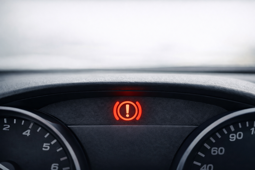 Spia sistema frenante rossa accesa sul cruscotto di un’auto moderna