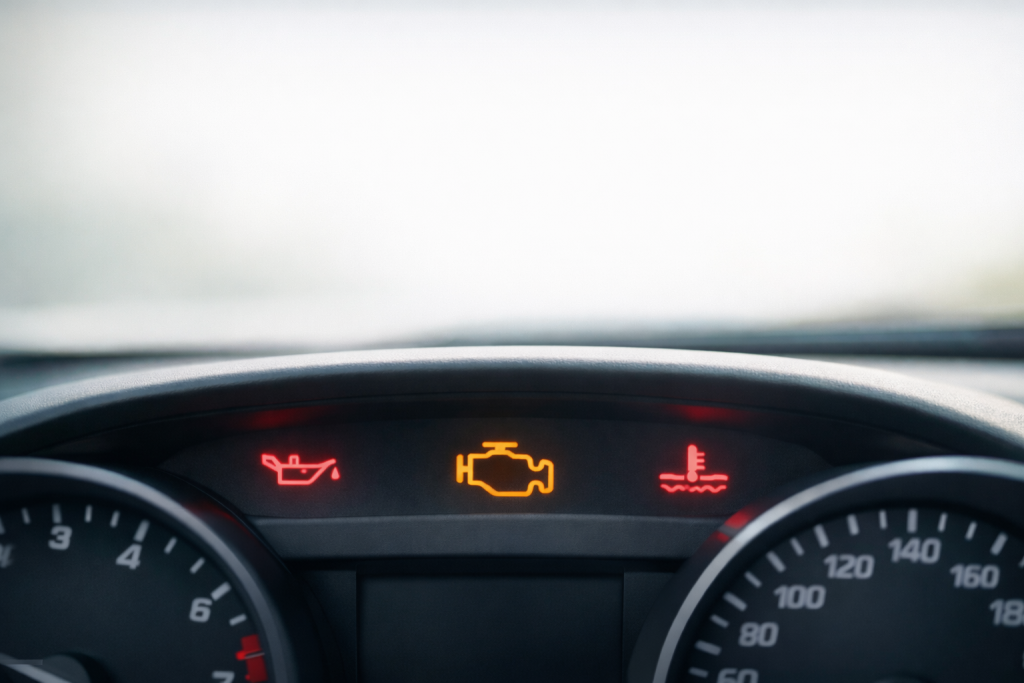 Car dashboard lights on: red engine oil, orange check engine and liquid temperature on modern instrument panel