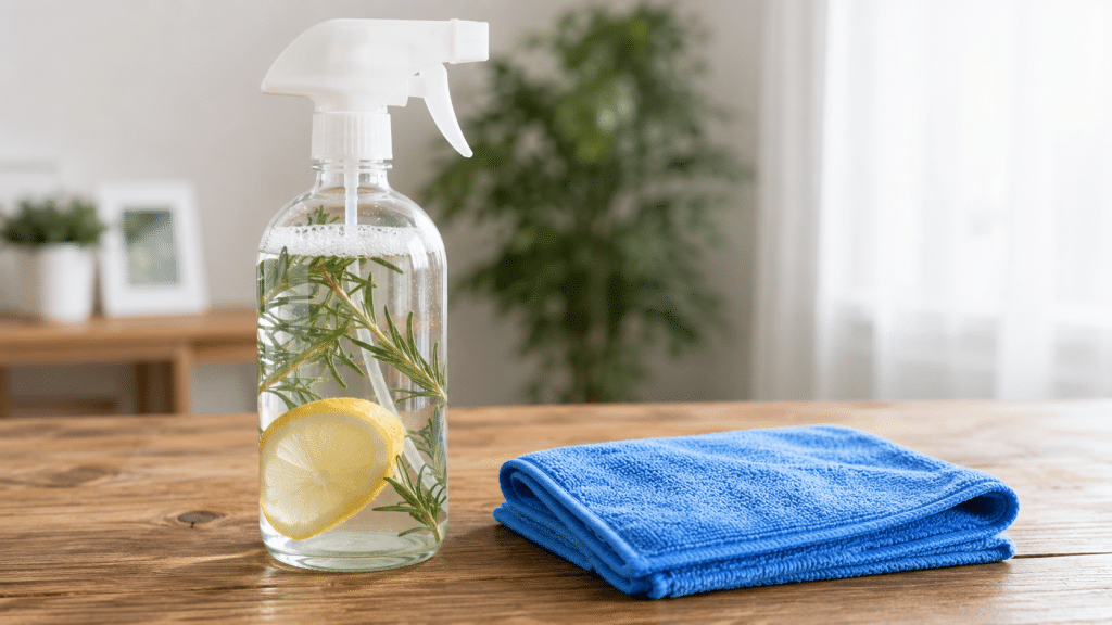 Natural household cleaning spray next to a microfiber cloth on a clean kitchen counter