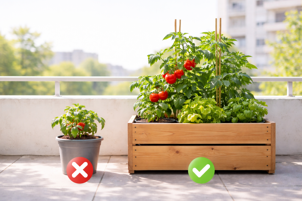 confronto tra pianta coltivata in vaso piccolo e pianta in vaso grande su balcone