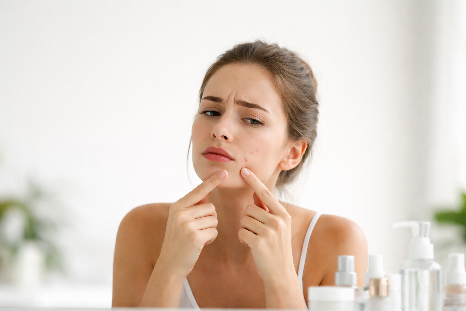 donna che tocca un brufolo sul viso davanti allo specchio mentre controlla la pelle con prodotti skincare sullo sfondo