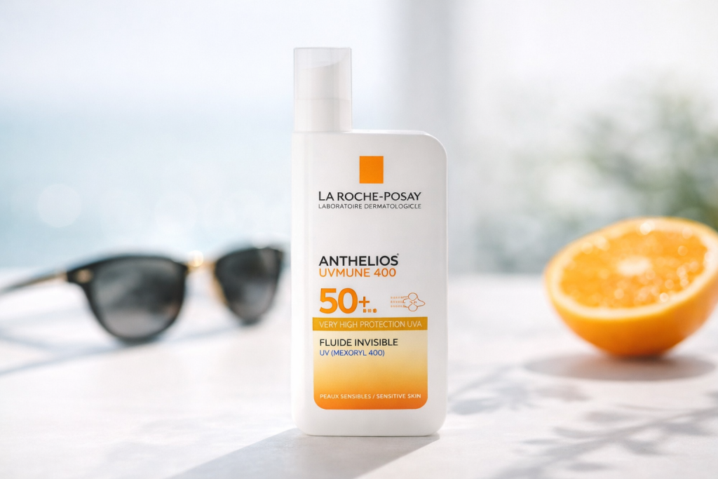 flacone di crema solare La Roche-Posay Anthelios SPF50 per protezione solare del viso su sfondo chiaro