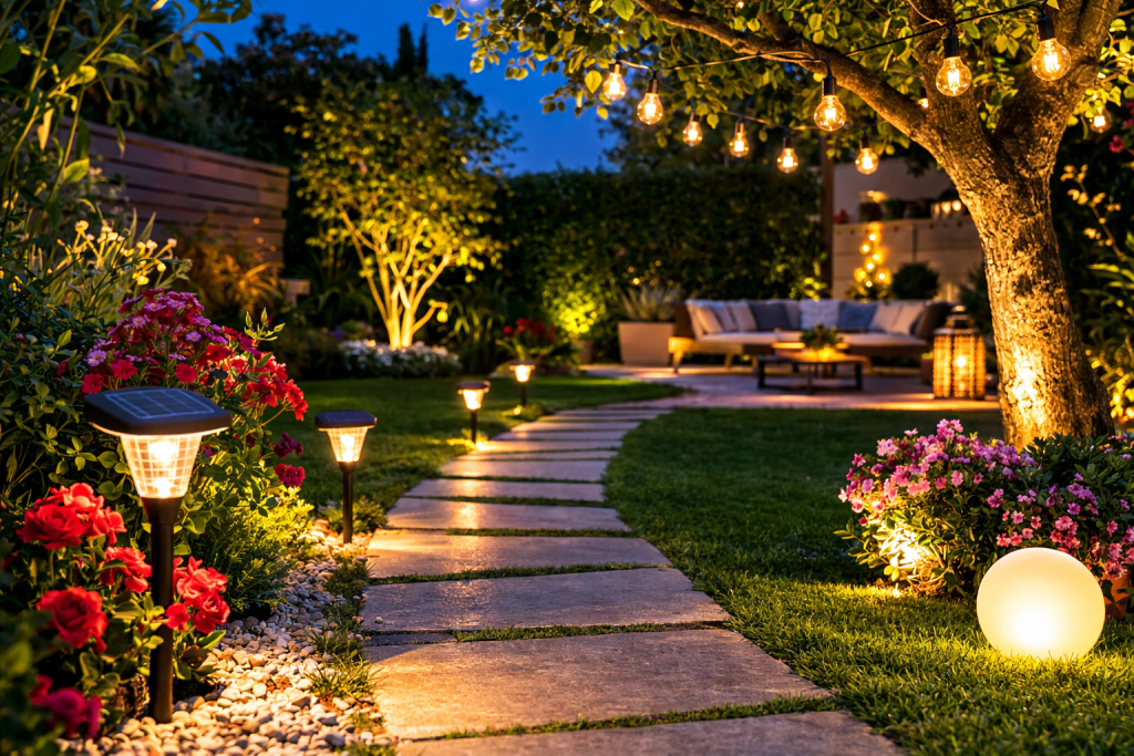 illuminazione notturna con luci solari in giardino