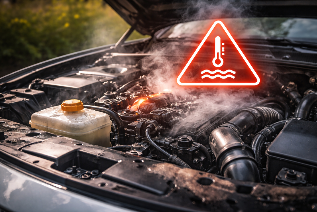 Auto con cofano aperto e vapore dal motore a causa di surriscaldamento