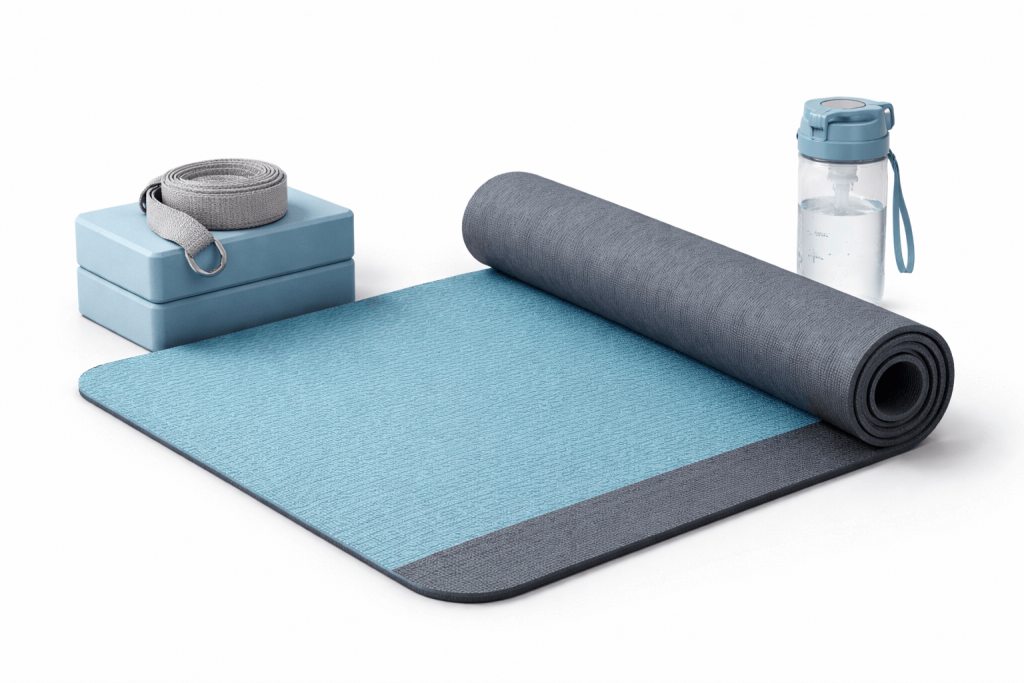 Tappetino yoga con accessori per esercizi di stretching e rilassamento utilizzati per ridurre lo stress.