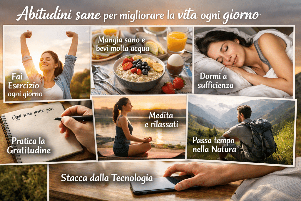 Realistic photo collage of daily healthy habits: exercise, healthy eating, sleep, meditation, gratitude and nature.