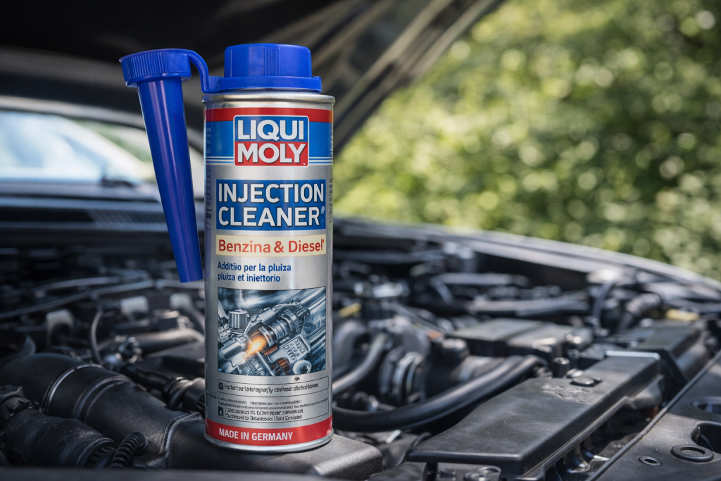 Additivo pulizia iniettori benzina e diesel appoggiato sul motore di un’auto con cofano aperto